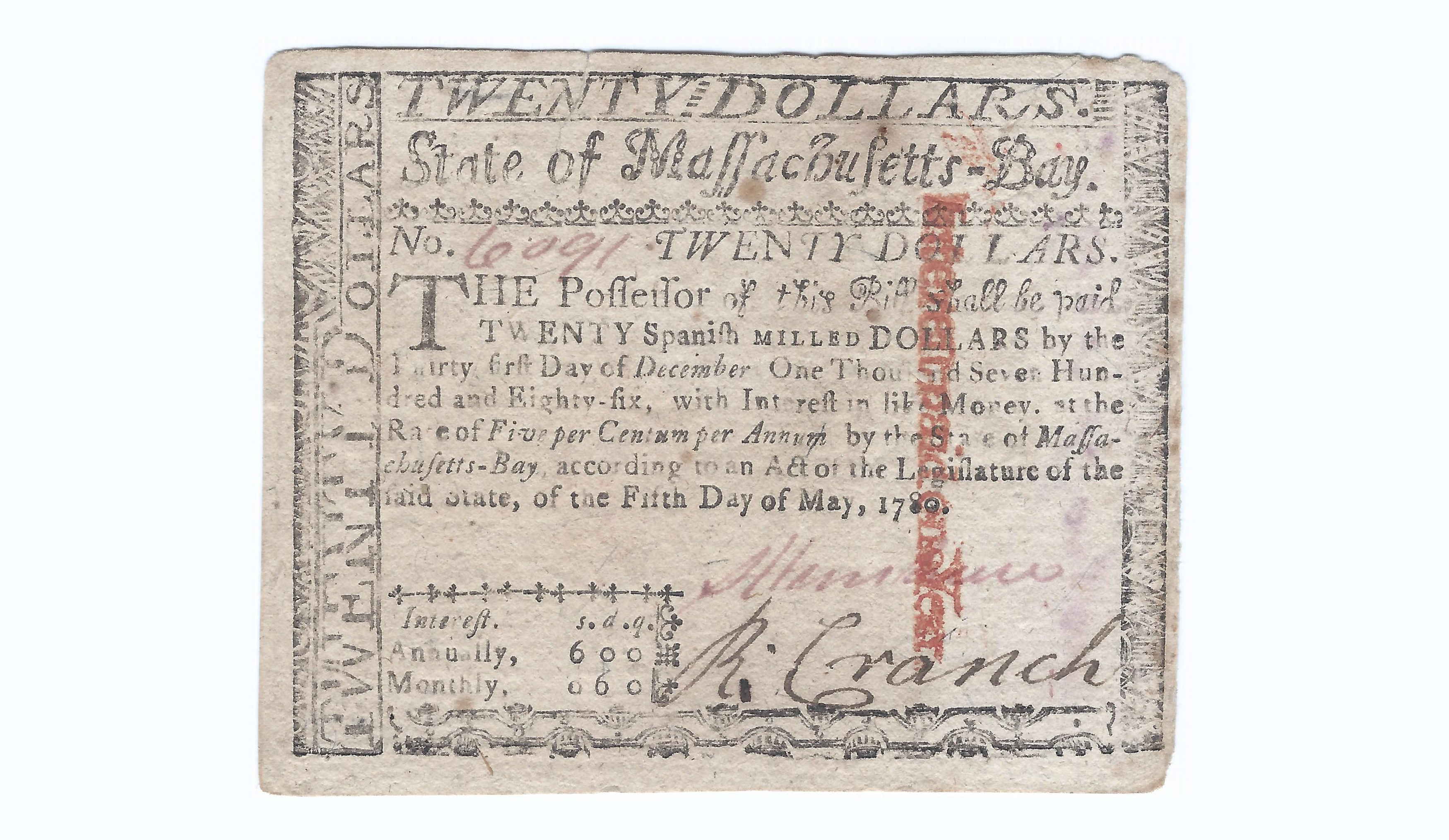 1780 Counterfeit Massachusetts $20 Note